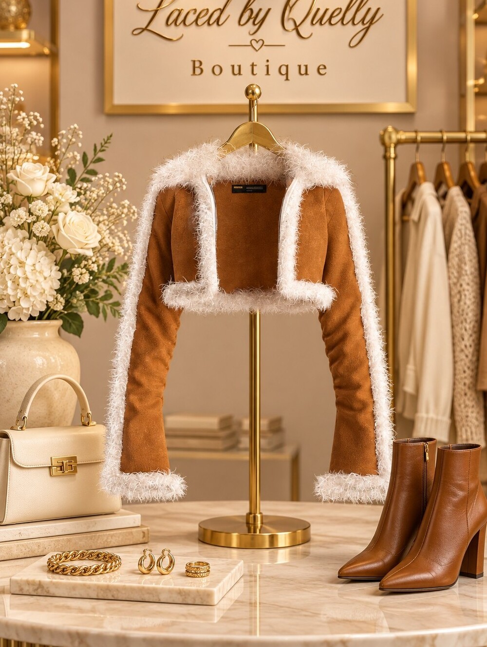 Unlisted Brown Cropped Teddy-Trim Jacket with White Faux Fur